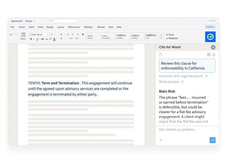 Draft legal documents in Microsoft Word, powered by Clio
